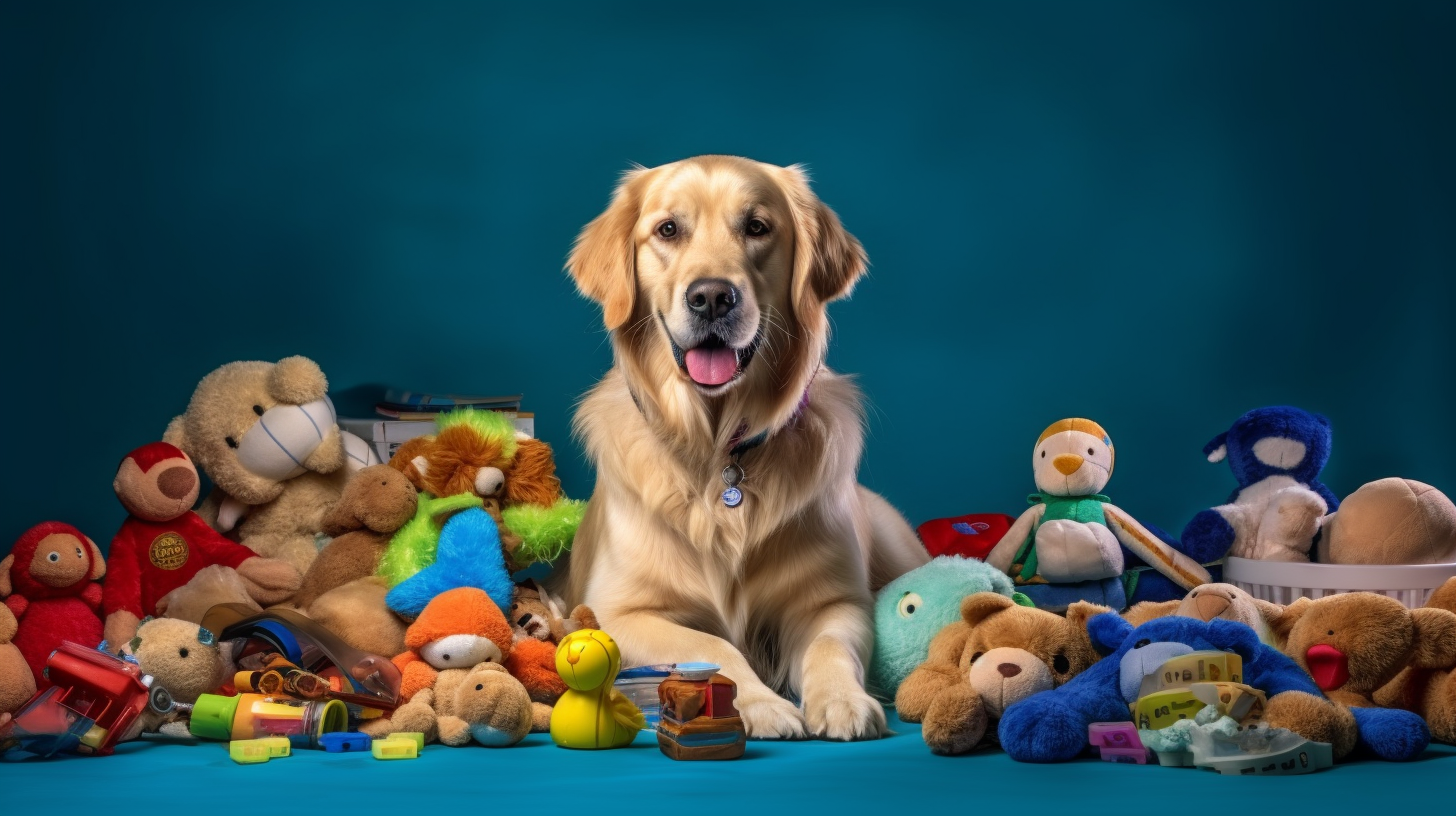 Happy dog with toys